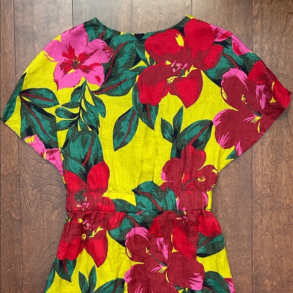 Zara Vibrant Chartreuse Hibiscus Floral Linen Mini Dress, Size XS - Picture 12 of 16